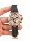 Daytona Rose Gold Tone Sundust Gem-set Bezel Rubber Strap 40mm - Watch Vault Au