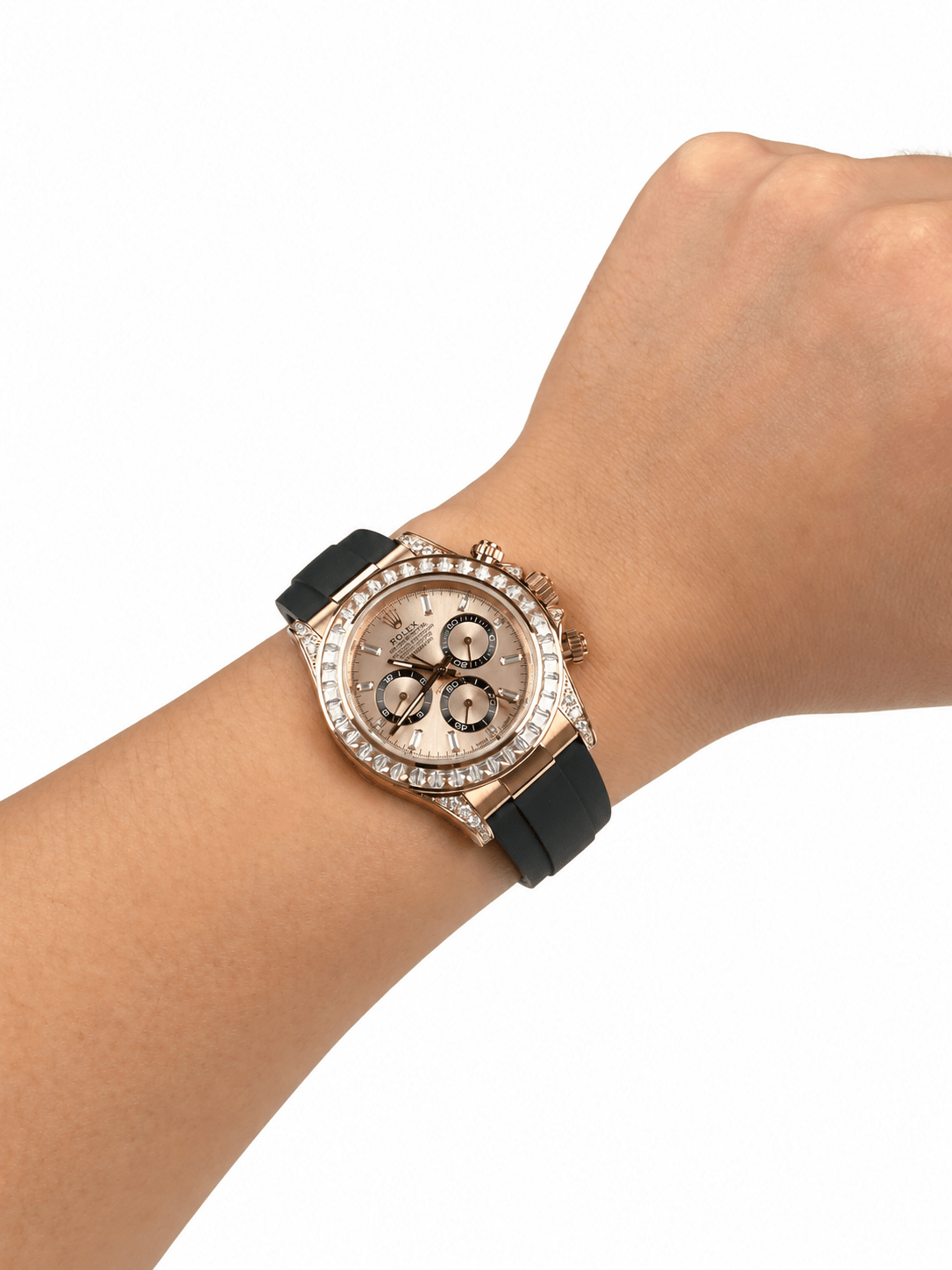 Daytona Rose Gold Tone Sundust Gem-set Bezel Rubber Strap 40mm - Watch Vault Au