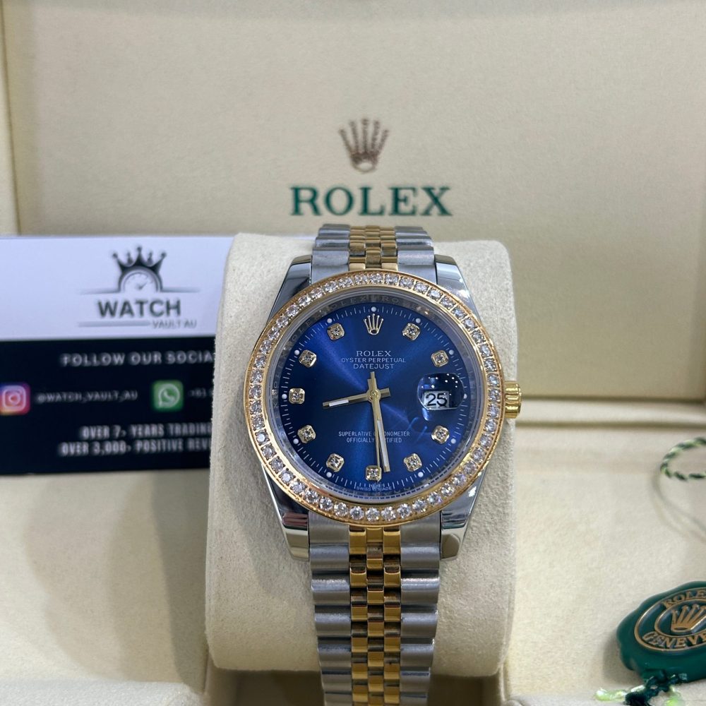Rolex Datejust Two Tone Silver And Yellow Gold Blue Dial Diamond Bezel