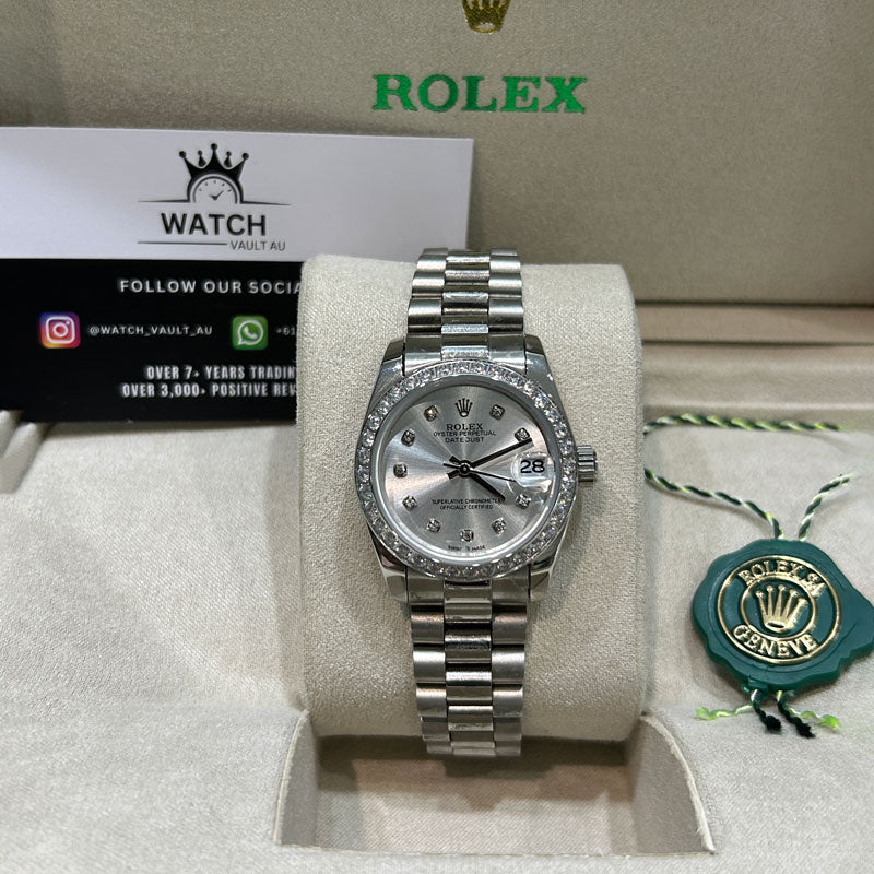 Rolex Datejust 28mm Stainless Steel Silver Diamond Dial & Diamond Bezel