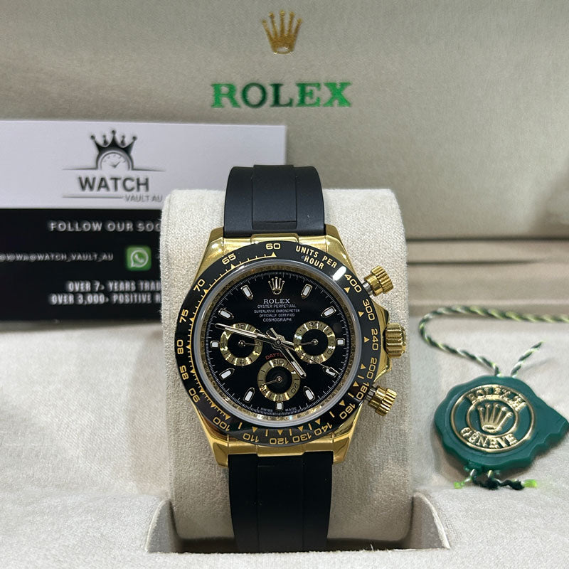 Rolex Cosmograph Daytona Black Dial Oysterflex Strap Yellow Gold 40mm