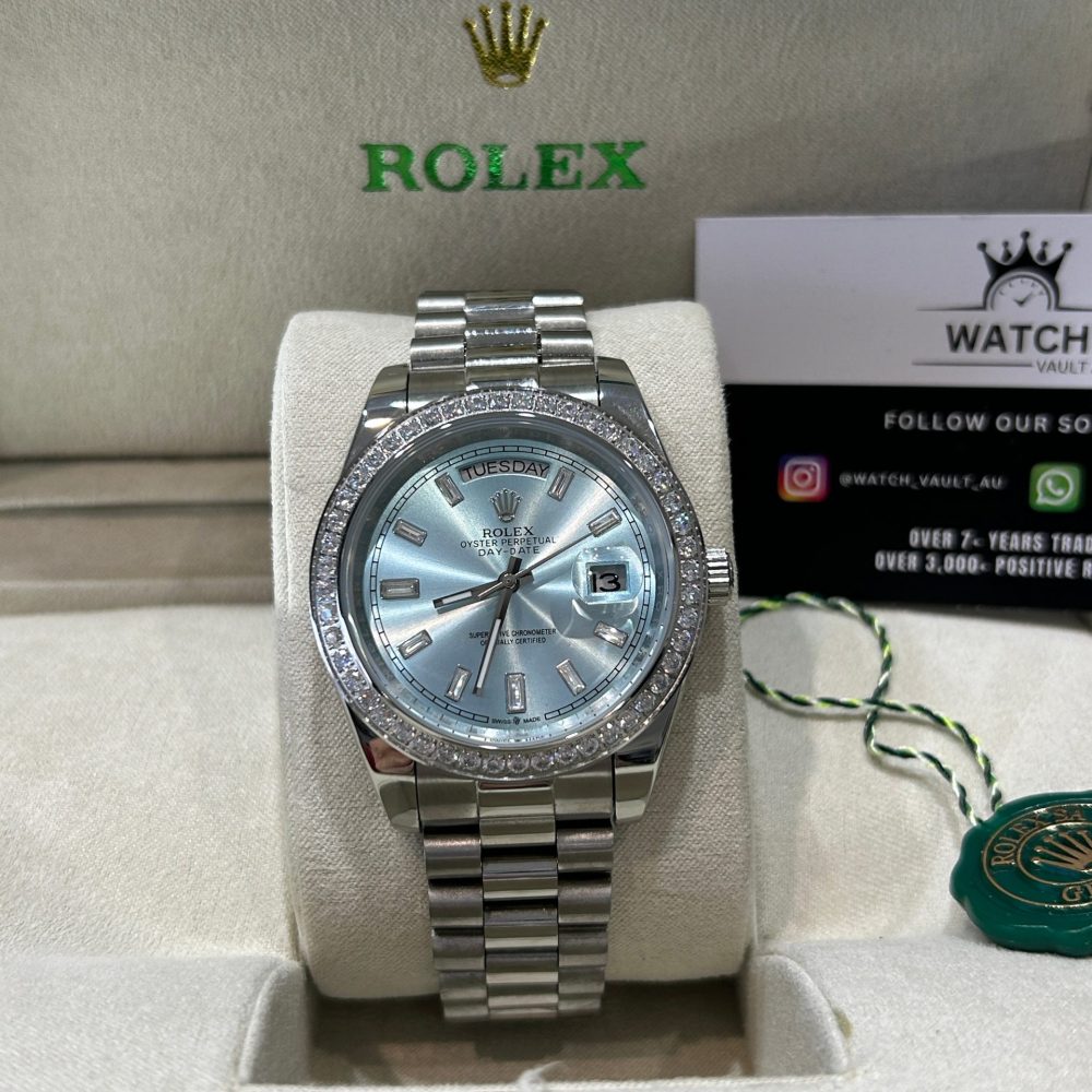 Rolex Day-Date 40mm Platinum with Ice Blue Dial Diamond Bezel